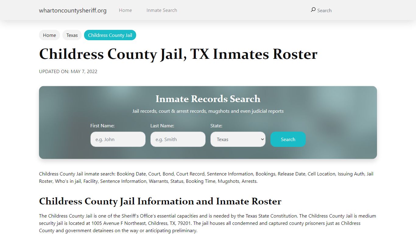 Childress County Jail, TX Jail Roster, Name Search